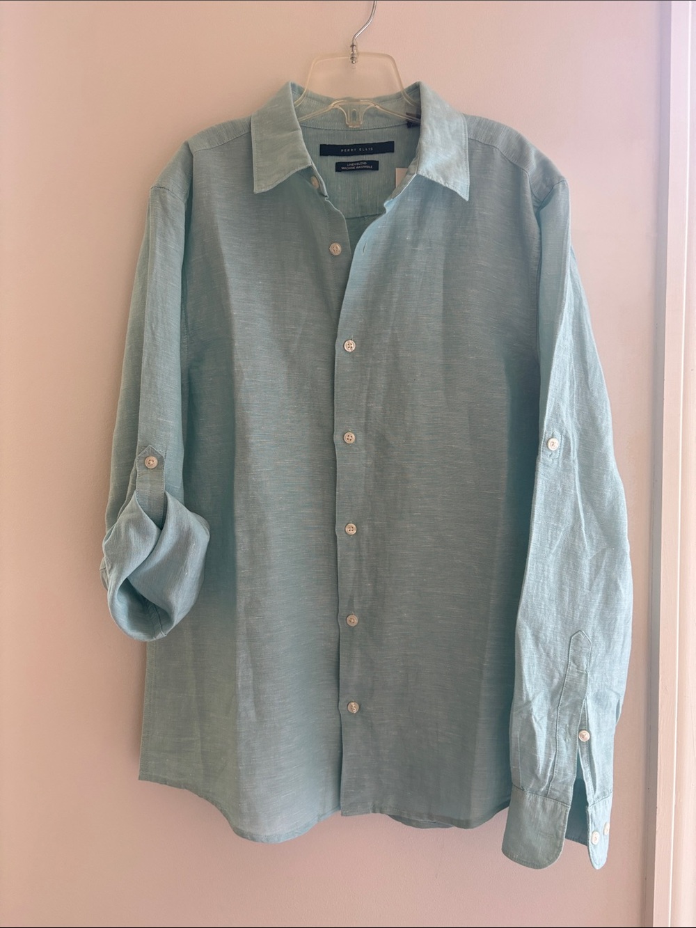 Perry Ellis Light Aqua Button-Front Linen Shirt